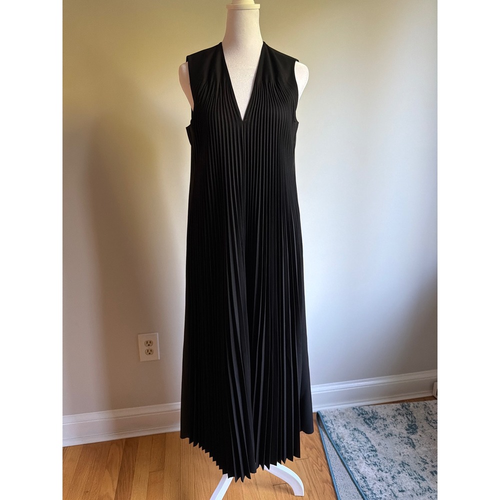 Joseph London Bryanna Pleated Wool Blend Maxi Dress Black V-Neck Sleeveless 40